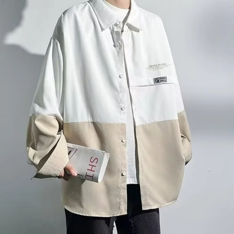

Мужская рабочая одежда, рубашка с длинными рукавами, летняя контрастная рубашка, красивый свободный и модный верх в гонконгском стиле.
