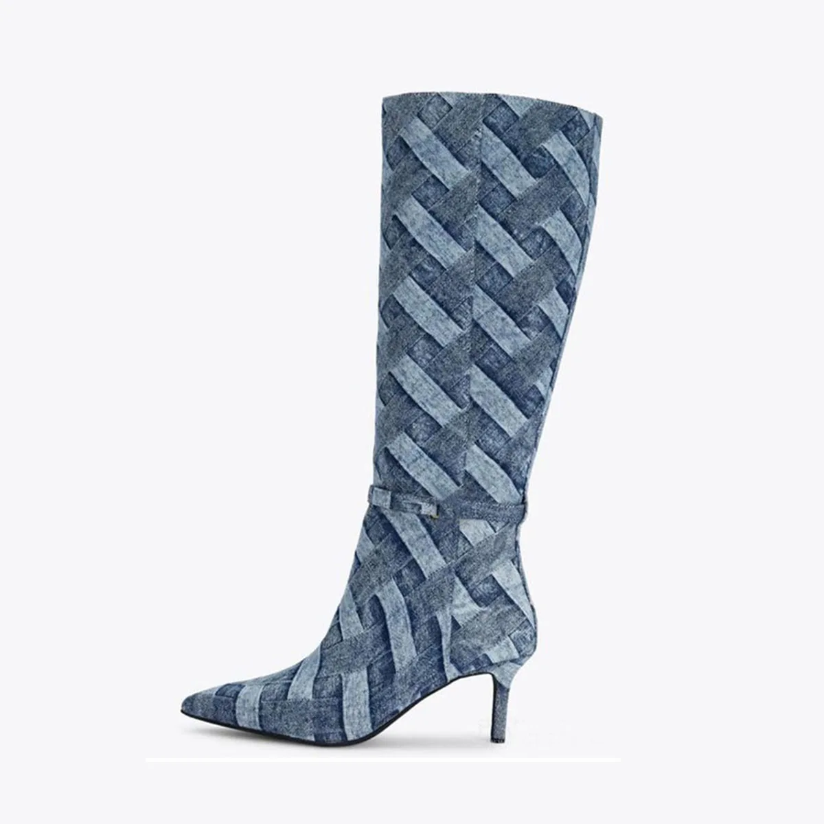

Arden Furtado 2025 Woman's Autumn blue Plaid denim Knee high boots Pointed toe Stilettos heels Side zipper skinny boots