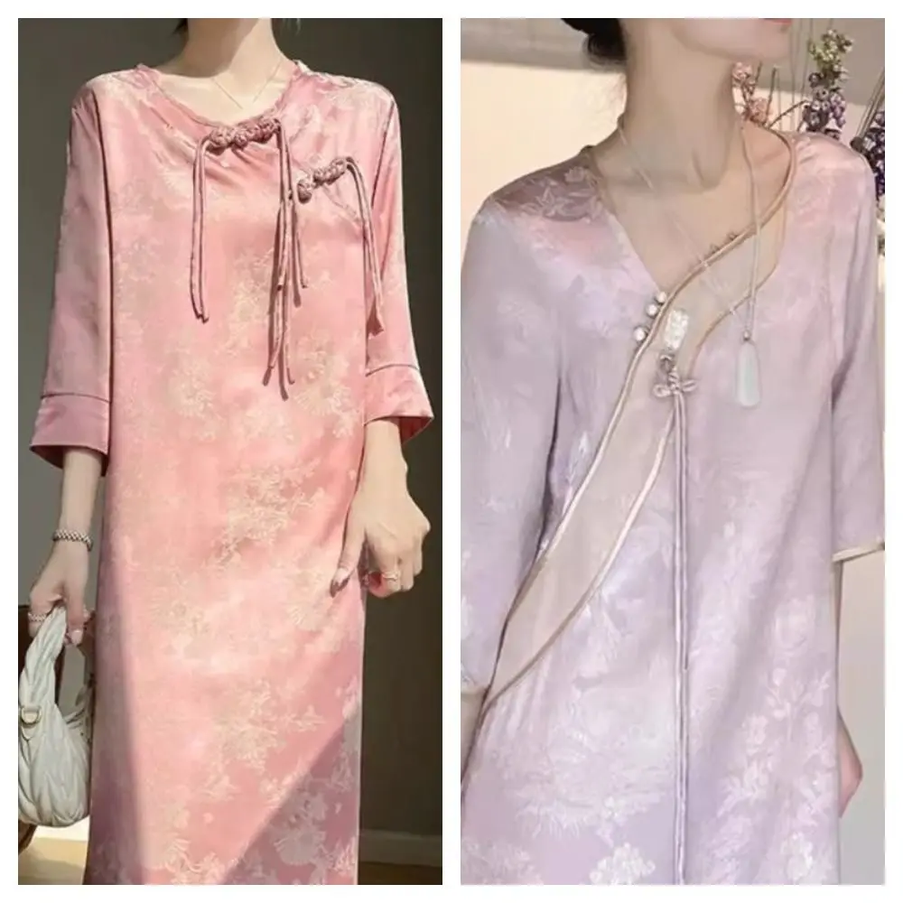 Vestidos Vintage florales con hebilla de rana rosa, vestido de estilo étnico, ropa de mujer, Cheongsam Jacquard Vintage para mujer, primavera y verano