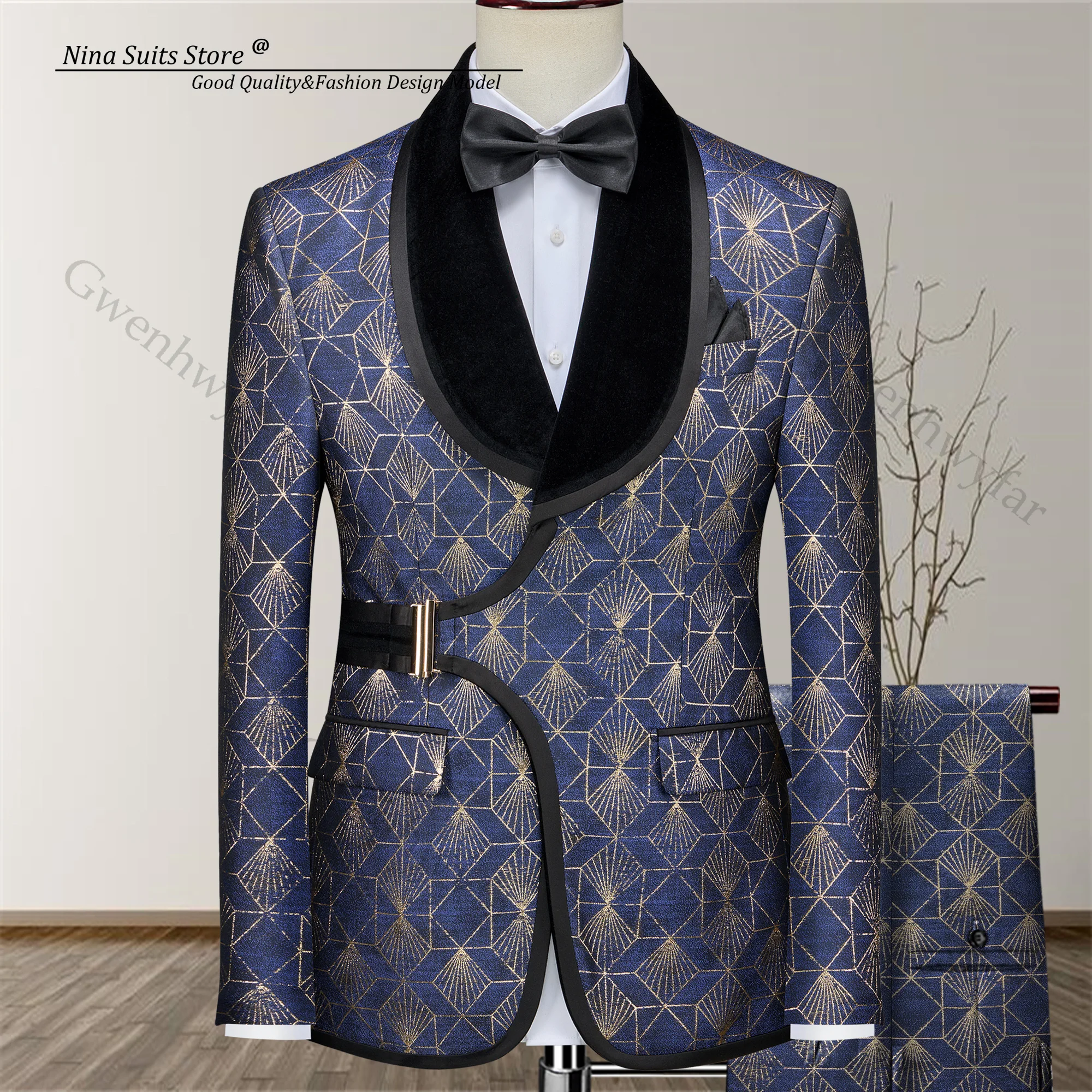 Gwenhwyfar High-end Geweven Gouden Jacquard Herenpak Marine Luxe Mode Herenpak 2-delig Formeel Feest Smoking voor Man Sjaal Revers - afbeelding 1