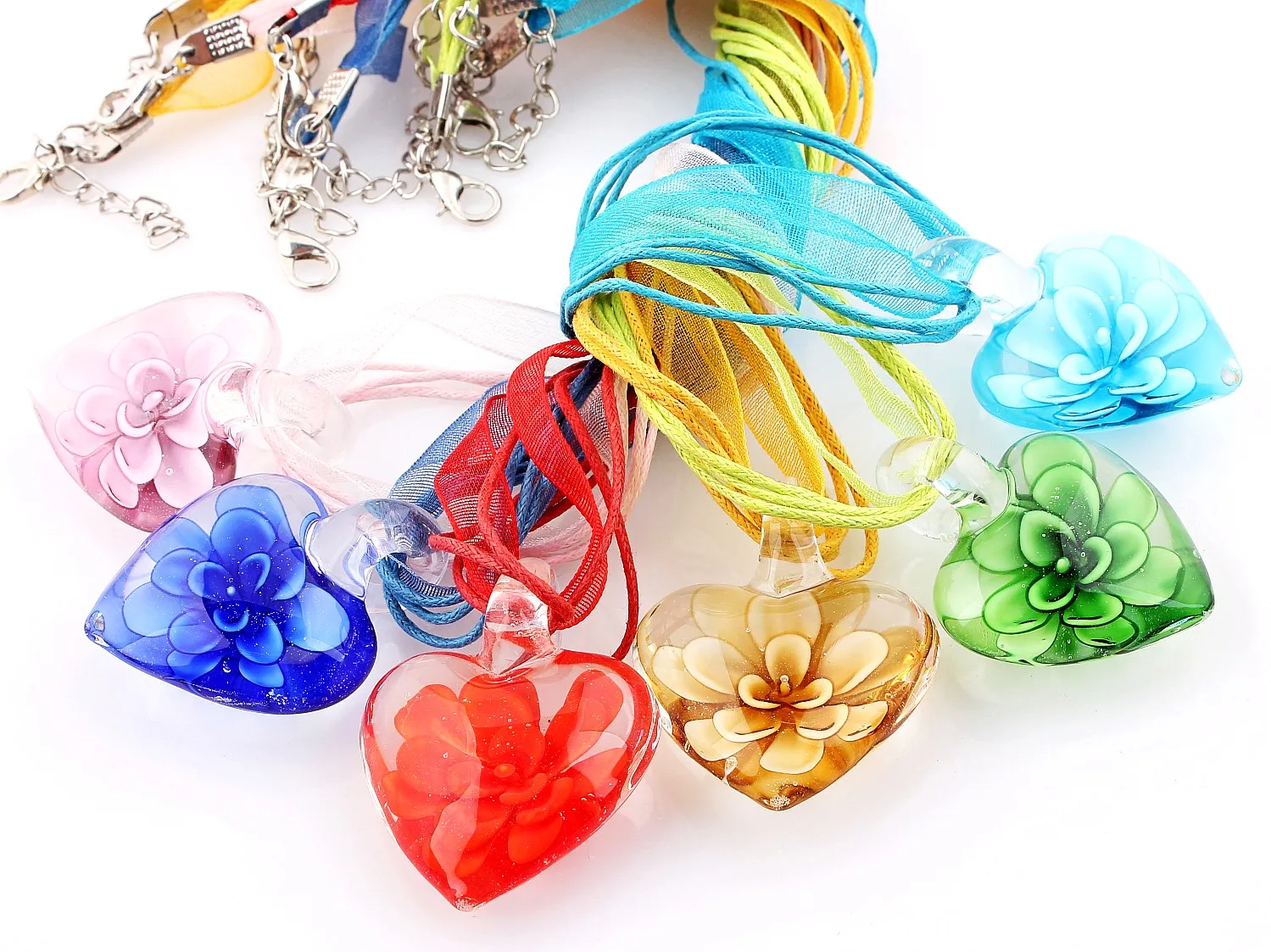 Fashion Wholesale lots 6pcs Handmade Murano Lampwork Glass Mixed Color Inside Rose Flower Pendants Silk Cords Necklace New