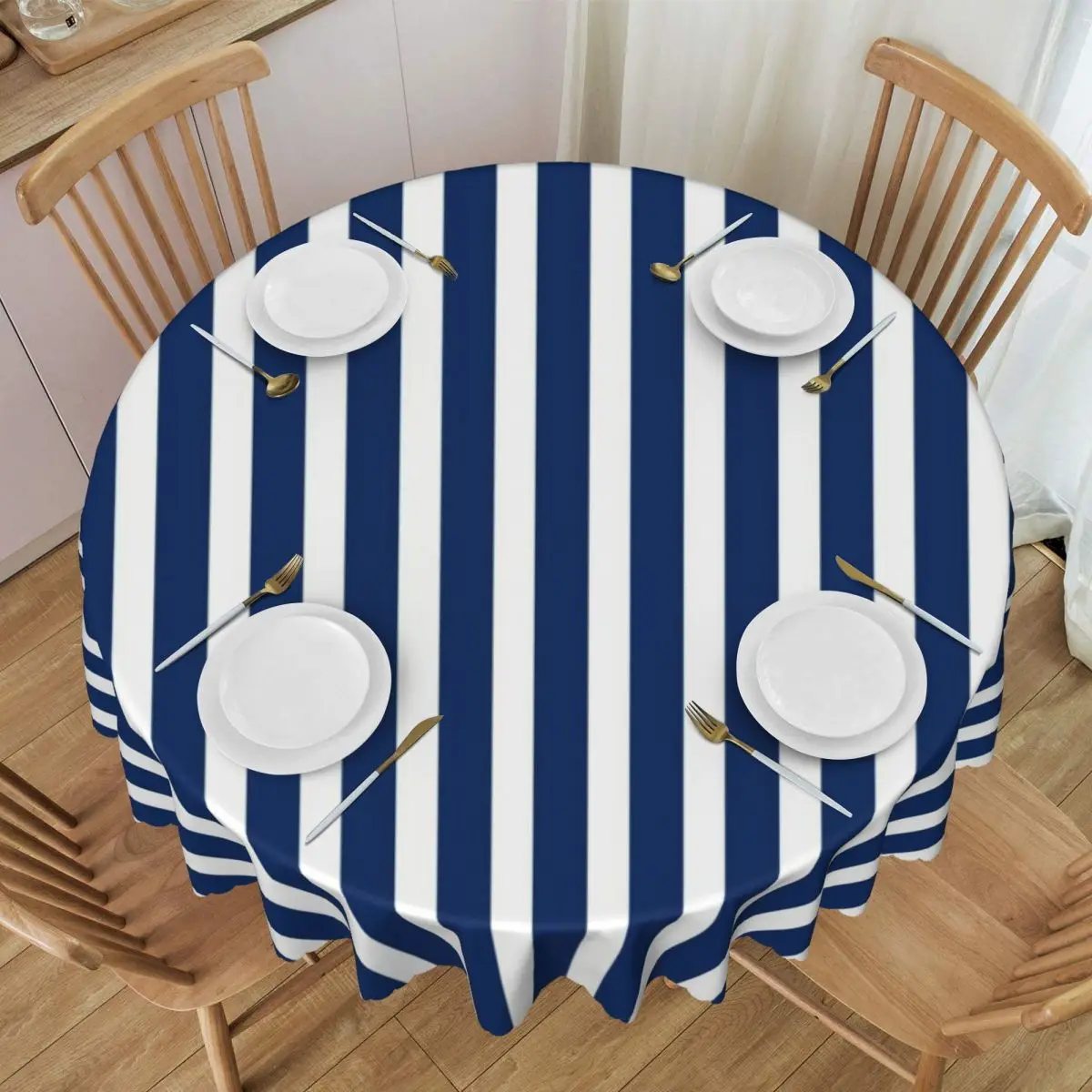 Customized Blue And White Tablecloth Round Oilproof Nautical Sailors Table Cover Cloth for Dining Room 60 inches