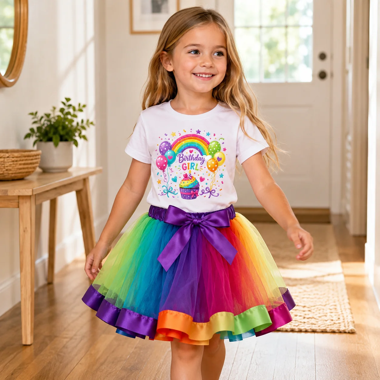 Regenbogen-Tutu-Kleid für Geburtstagsmädchen für Kinder von 2–8 Jahren, kurzärmliges T-Shirt-Oberteil + buntes Tüllrock-Set, Geburtstags-Set mit Cupcake-Aufdruck – Detail 3