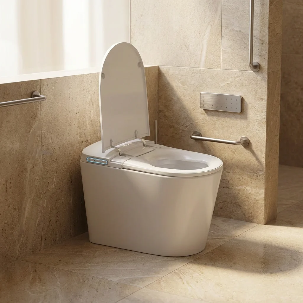 Intelligent Ceramic Elongated Floor Mounted Smart Bidet WC Automatic Flip Remote Control Heated Seat Warm Air Drying