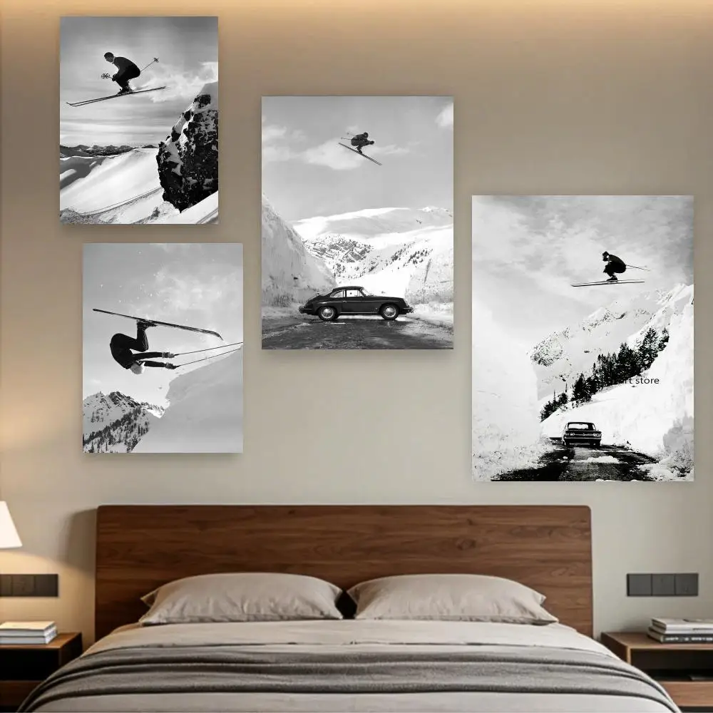 Black White Vintage Ski Photo Art Poster People Skiing Jumping Snow Mountain Canvas Painting Wall Print Picture Room Home Decor