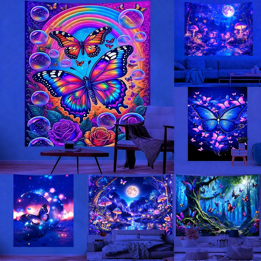 Glowing Tapestries With Butterfly And Fantasy Scenes UV reaction tapestry background decoration  bedroom party decoration