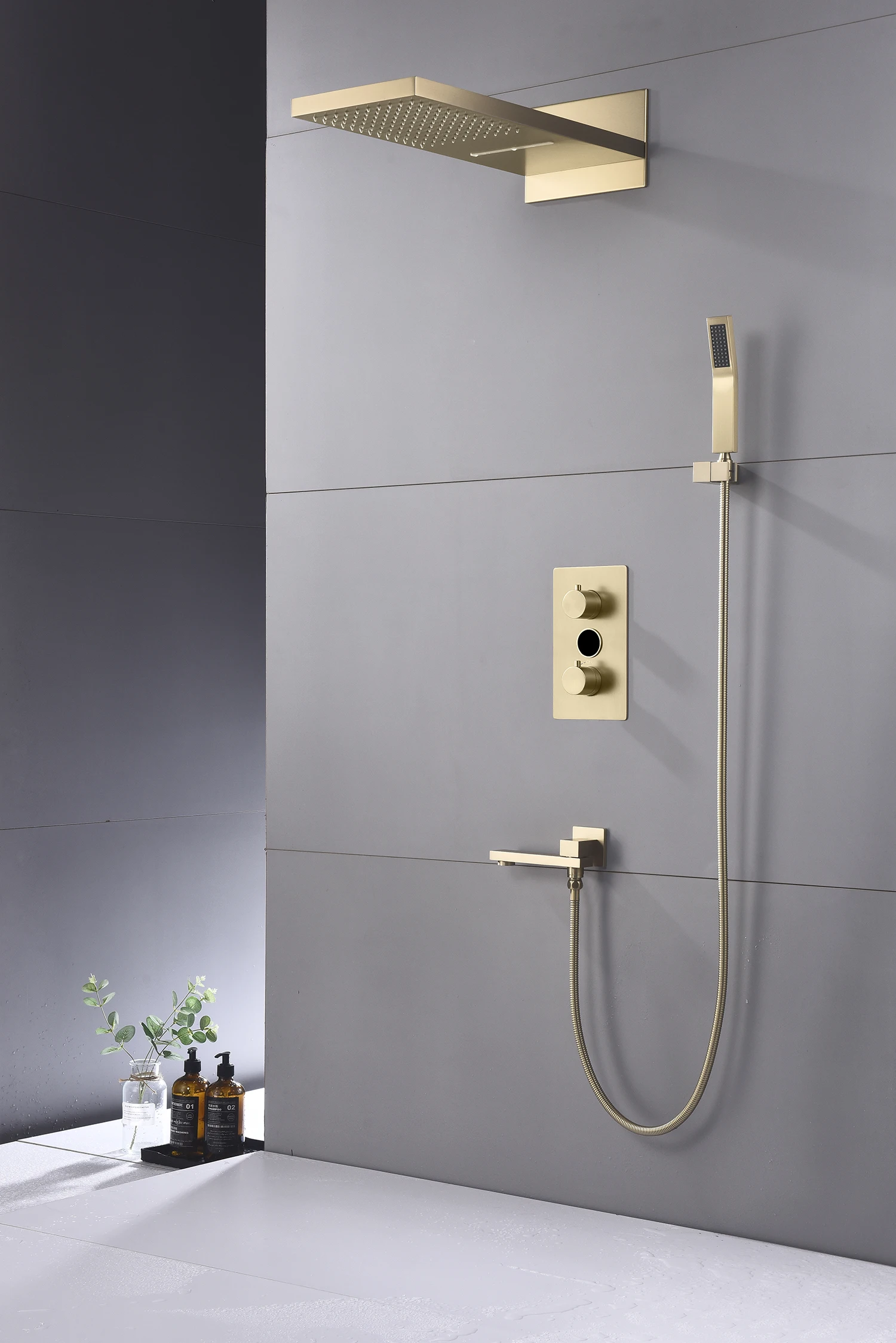 Complete Concealed Thermostatic Rainfall Showerhead Set Wall-Mounted Brass Brushed Nickel Faucet System for Bathrooms