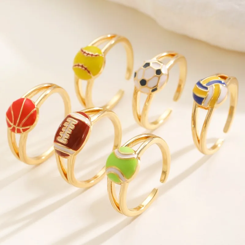 Sporty Ball Themed Adjustable Open Ring Gold Plated Enamel Volleyball Football Rugby Statement Jewelry for Women Daily Wear