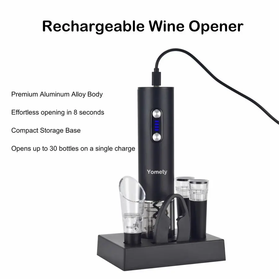 Opener Set With Base, Accessories Including Rechargeable Corkscrew, Aerator, Stoppers and Foil Cutter Perfect Gifts for Wine Lov