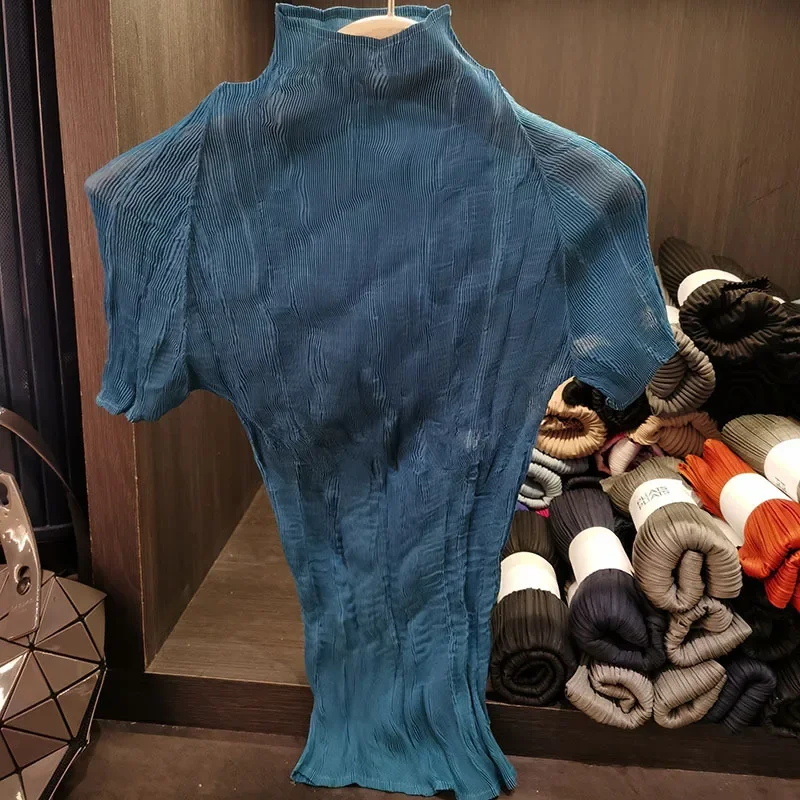 Summer New Thin T-shirt Female Miyake Pleated Half-high Neck Transparent Bottoming Shirt Blouse Tight Thin Sunscreen Clothing