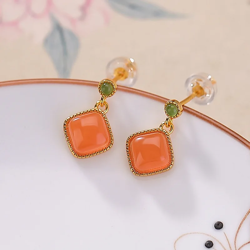 S925 Sterling Gold-Plated Red Agate Amber Rhombus Earrings Elegant Square Silver Ear Jewelry 6