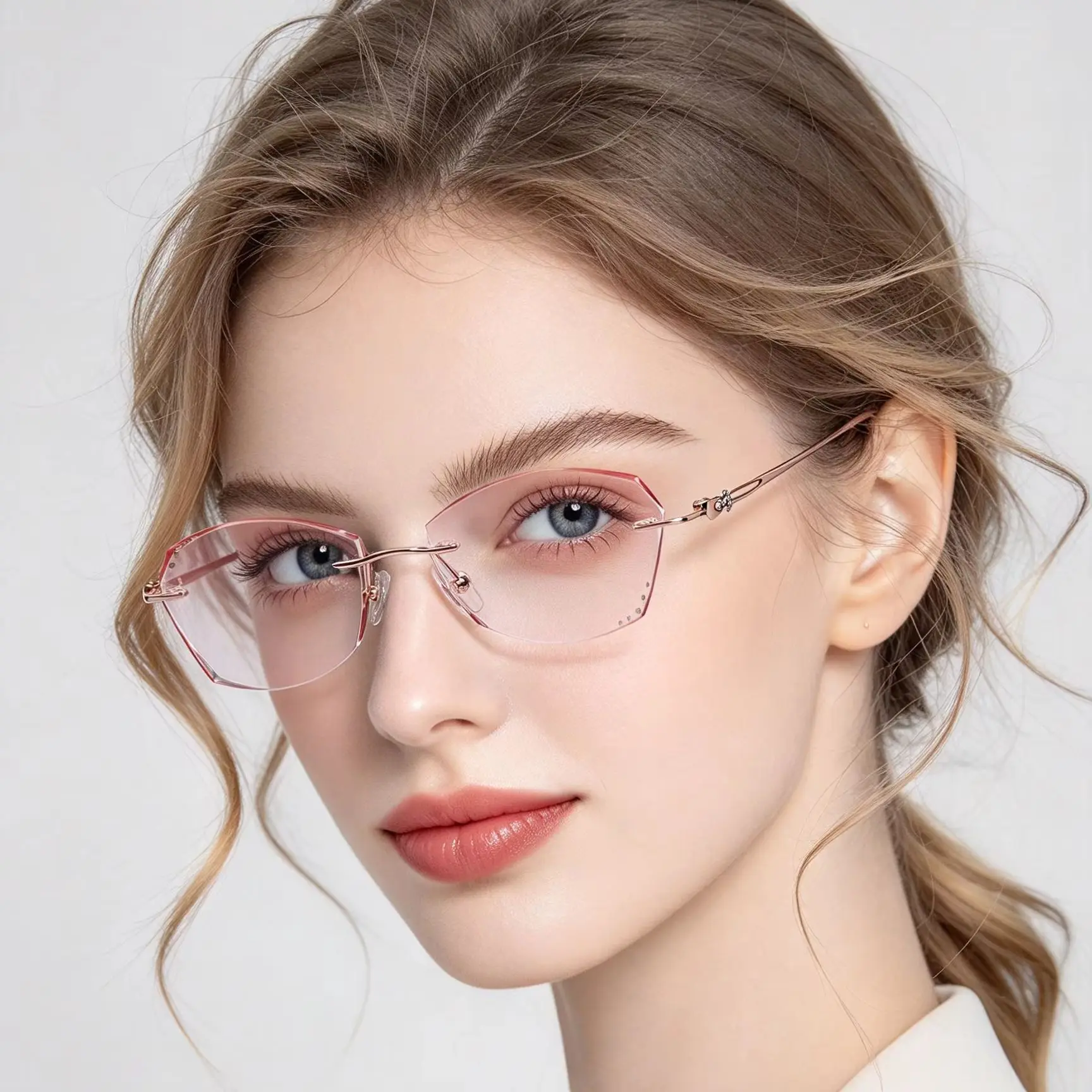 Dyeing Gradual Pink Rimless Glasses Diamond Flash Fashion Glasses MR-8 Scratch-Resistant Lenses Prescription Recipe Myopia