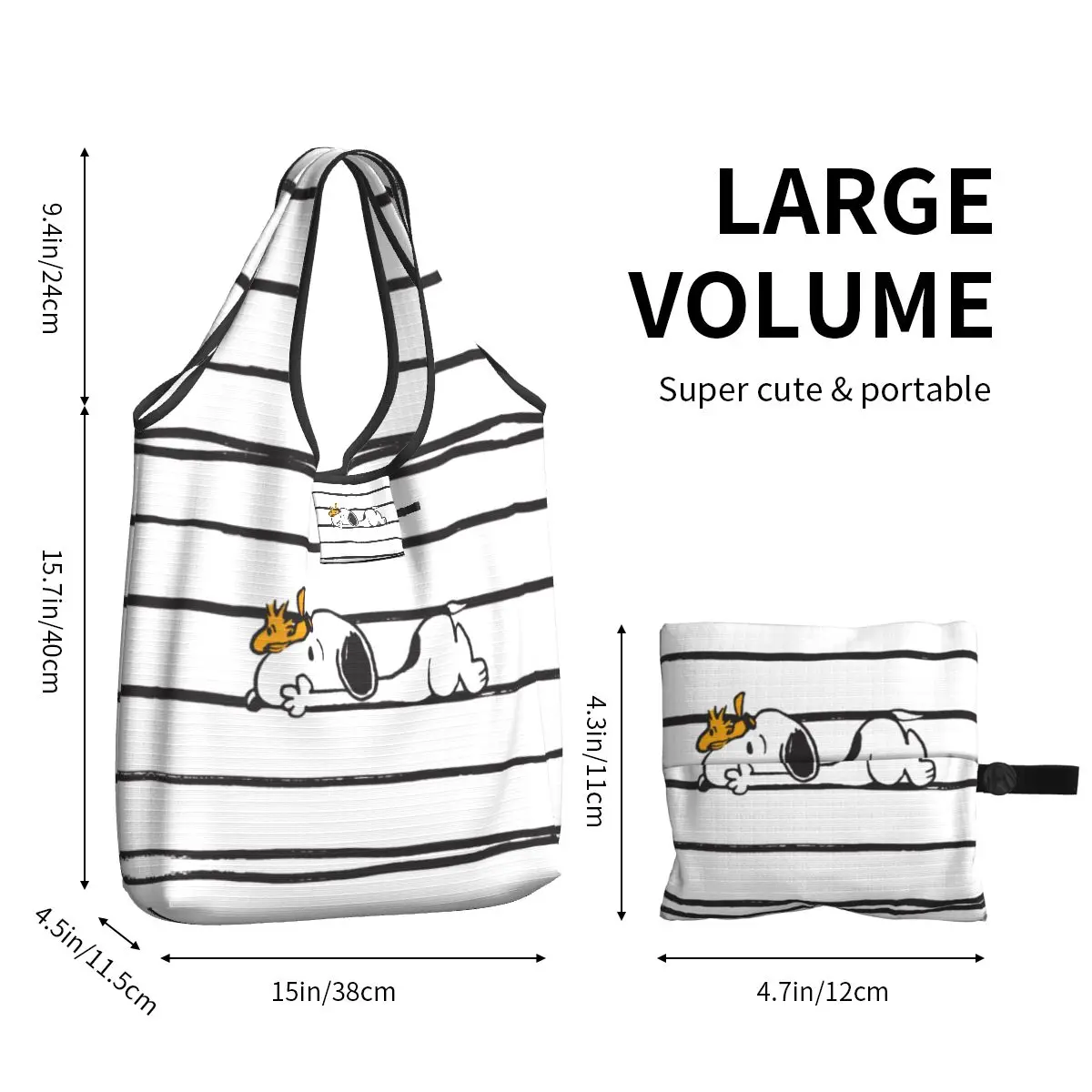 Reusable Snoopy Woodstock Cartoon Stripe Shopping Bags for Groceries Foldable Grocery Bags Washable Large Tote Bags