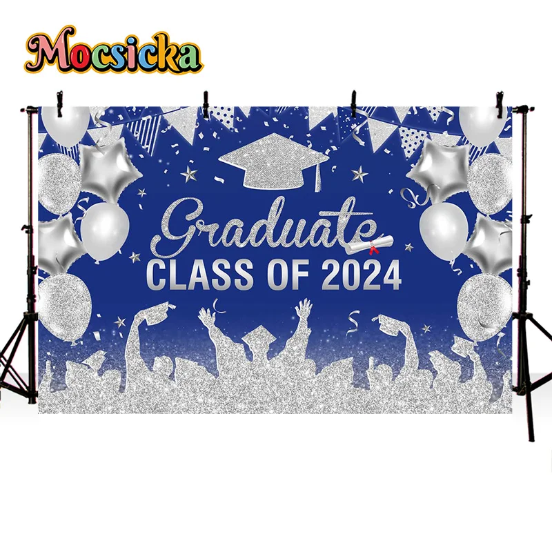 Mocsicka Graduation Party Photography Background Class Of 2024 New Year Party Decor Balloon Bachelor Hat Photo Banner Studio