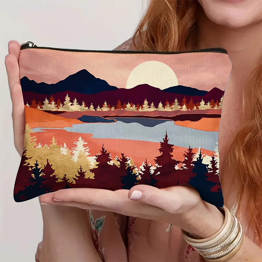 Bohemian Chic Cosmetic Bag with Turkish Red Lake & Mountain Design Zippered Travel Toiletry Pouch for Women Makeup Bag Handbag