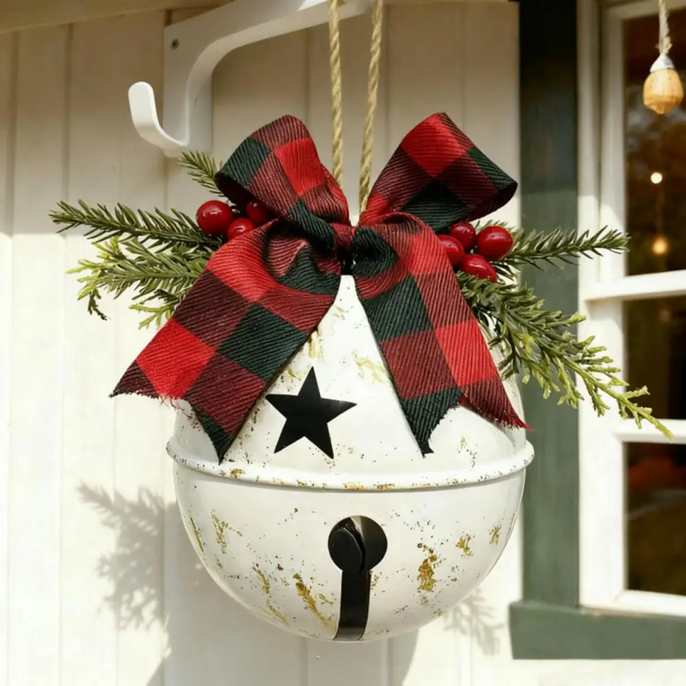 Giant Metal Christmas Bells Rustic Christmas Bell Ornaments with Plaid Bow Berries Farmhouse Xmas Tree for Festive Decorations