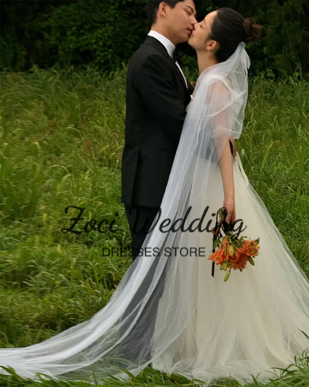 Zoci Elegant Square Neck Korea Wedding Dresses Customized Photos Shoot Wide Straps Satin Tulle Dress Corset Backless Bridal Gown