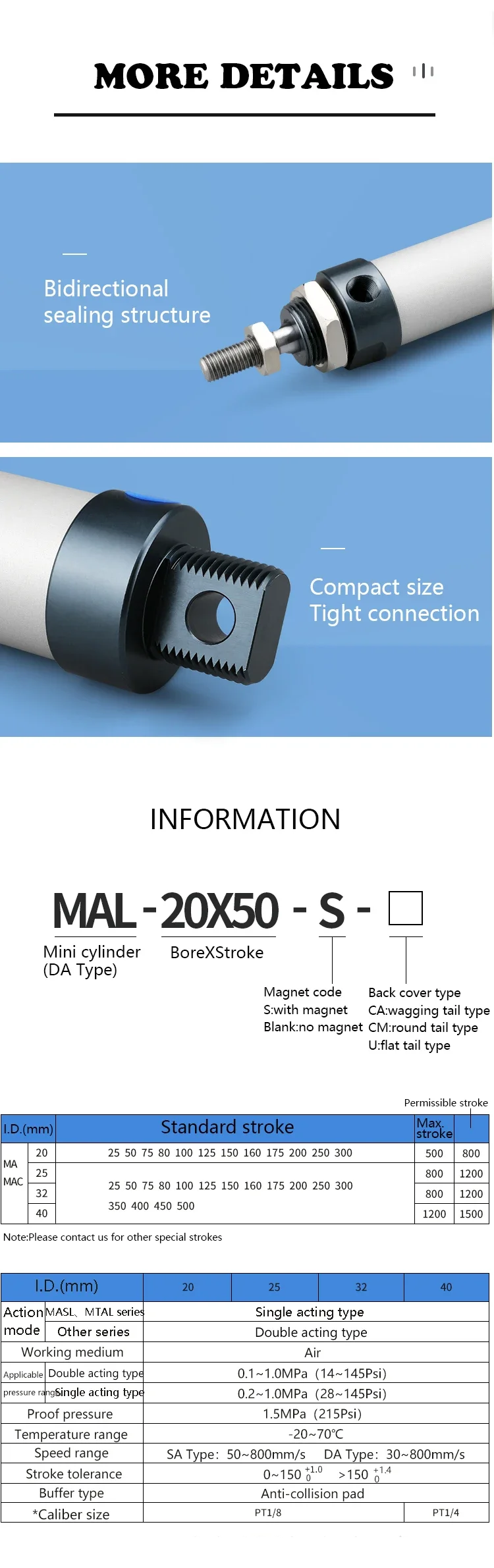 MAL Zylinder 400/500mm Mini Pneumatischer Doppelwirkender Zylinder – Detail 2