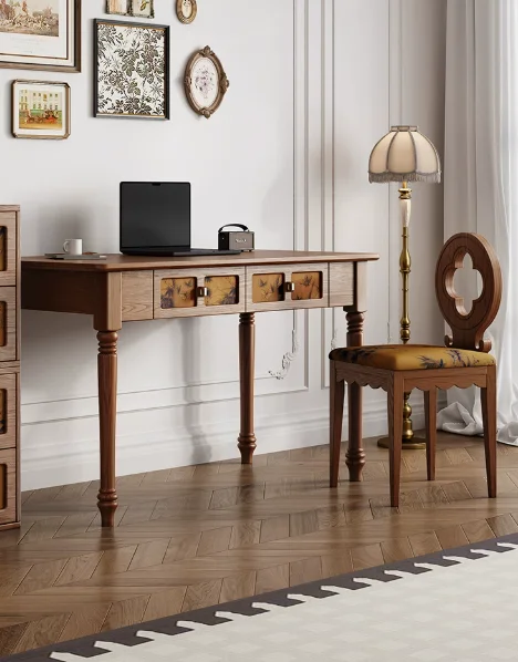 Home Office Desk Set Elegant Vintage Study Furniture Upholstered Chair Wooden Writing Desk Drawer Computer