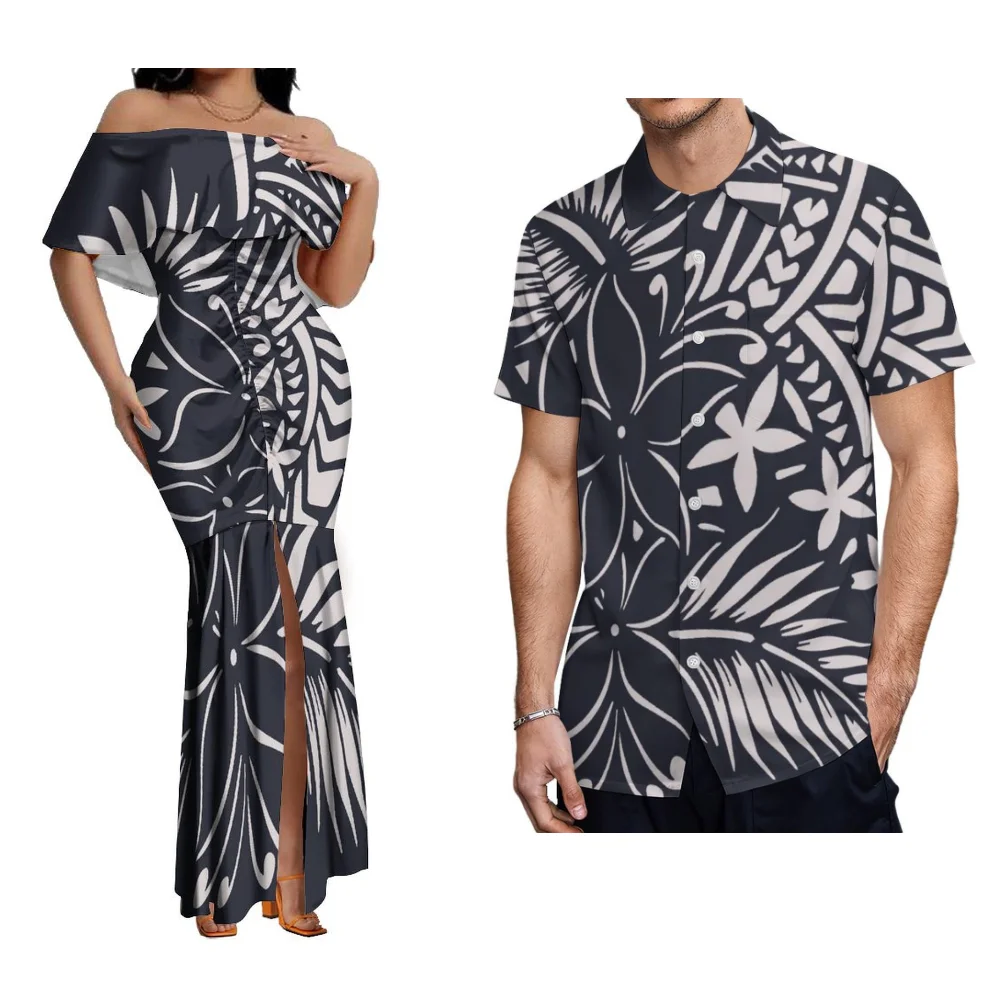 Frauen schlankes Kleid Lotus blatt Schulter elegantes Design Temperament Schlitz Rock benutzer definierte polynesische Paar Anzug Herren hemd