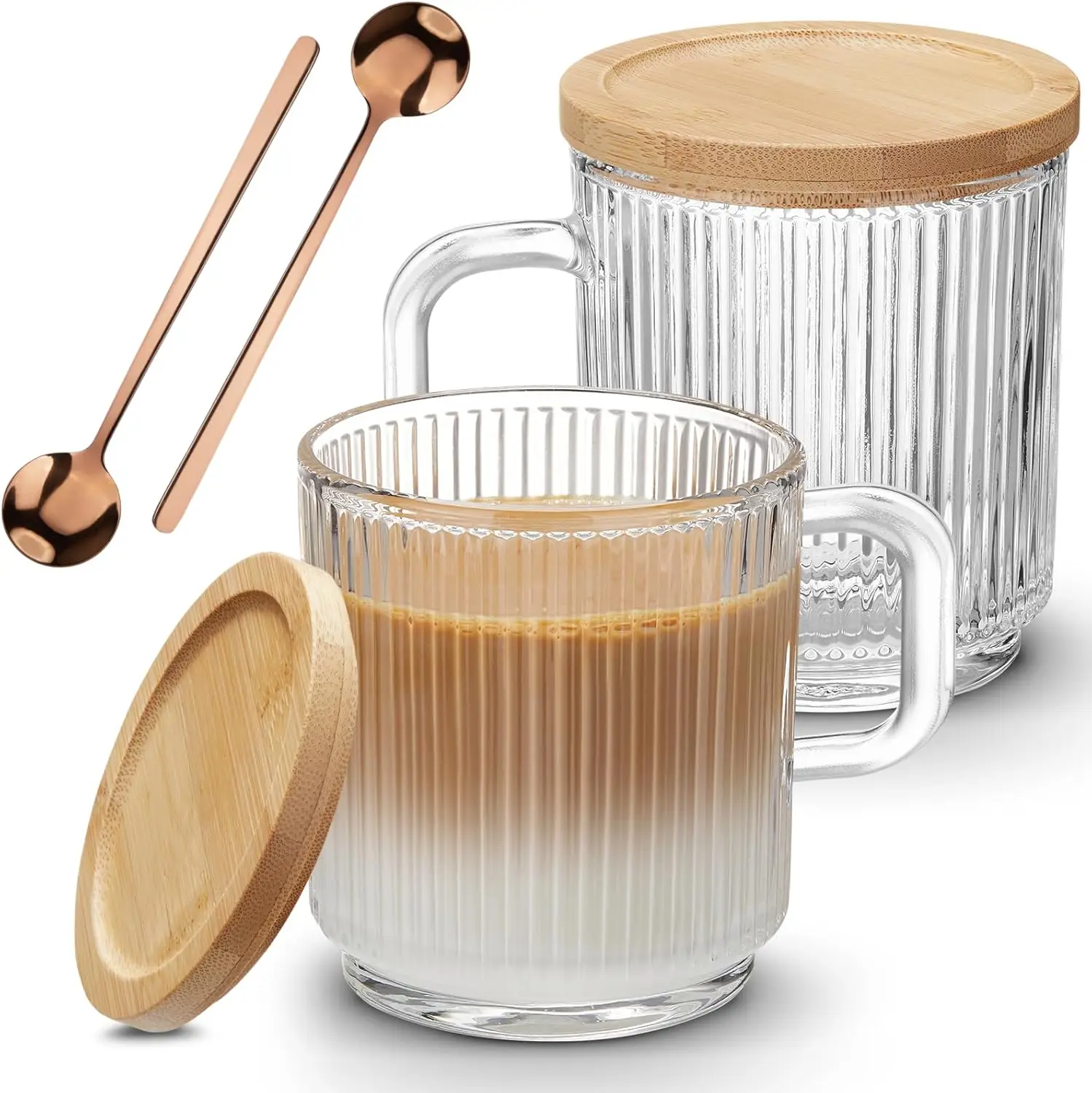 

2 PACK Glass Coffee Mugs with Handle & Spoon, 12 OZ Glass Coffee Cups with Bamboo Lid, Ribbed Glass Cups, Clear Tea Cup