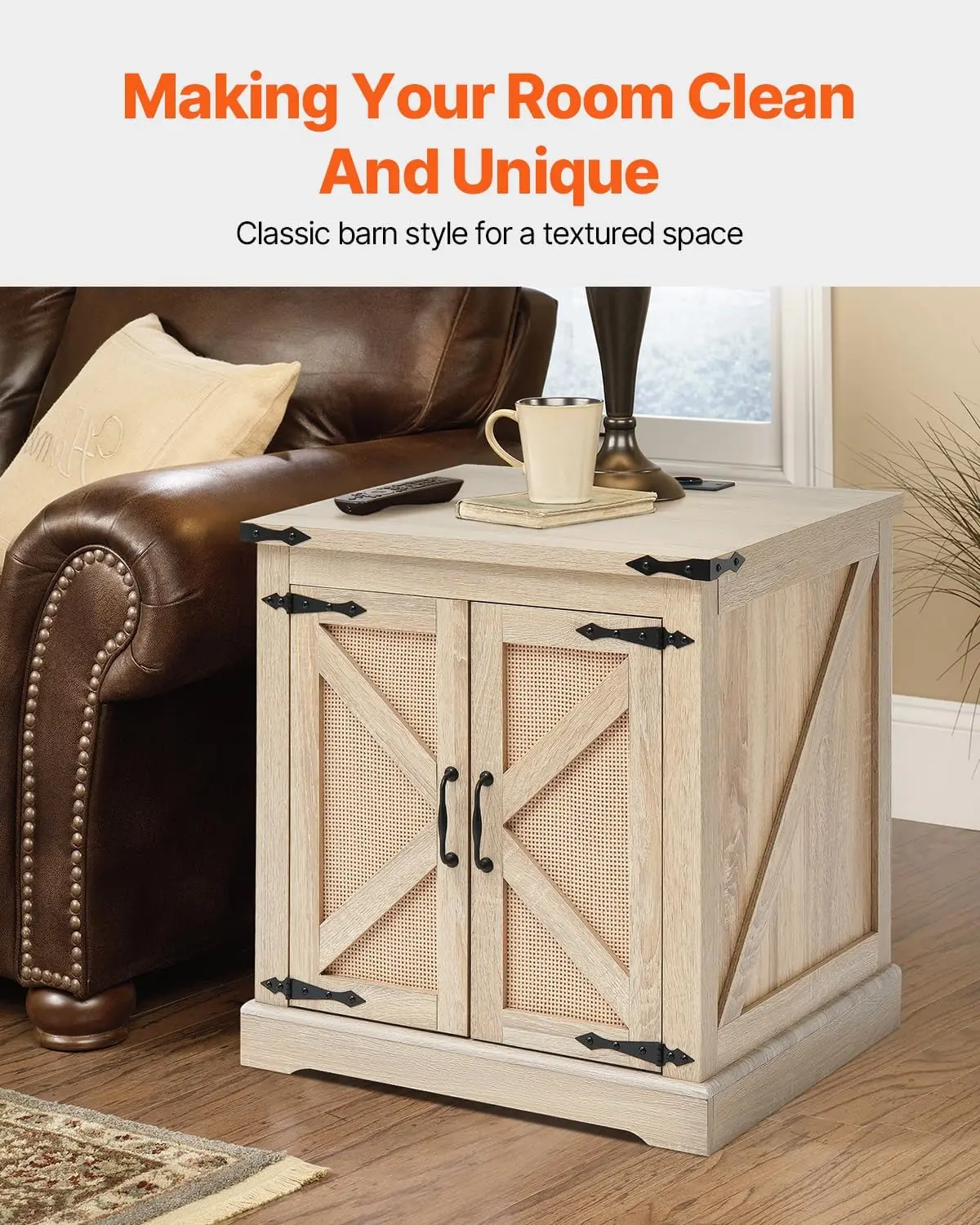 Farmhouse End Table, Rectangle PE Rattan Woven Wood Coffee Table, 24-Inch Modern Boho Style Storage Coffee Table