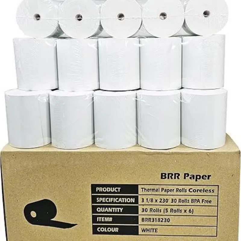 (30 rollos sin núcleo - 50 GSM) 3 rollos de recibos de papel térmico de 1/8 x 230 se adaptan a todas las impresoras de cajas registradoras POS Clover