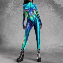 3D Fish Scale Print Mermaid Jumpsuit Party Cosplay Costume Halloween Xmas Shows Women Bodysuit Holiday Zentai (No Shinny)
