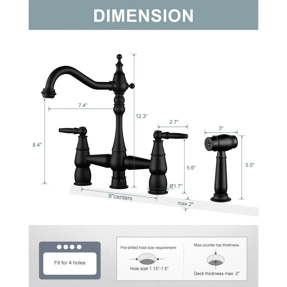صنبور حوض المطبخ النحاسي المثبت على سطح السفينة مع بخاخ جانبي و360 °   تصميم دوار بمقبضين و4 فتحات #6
