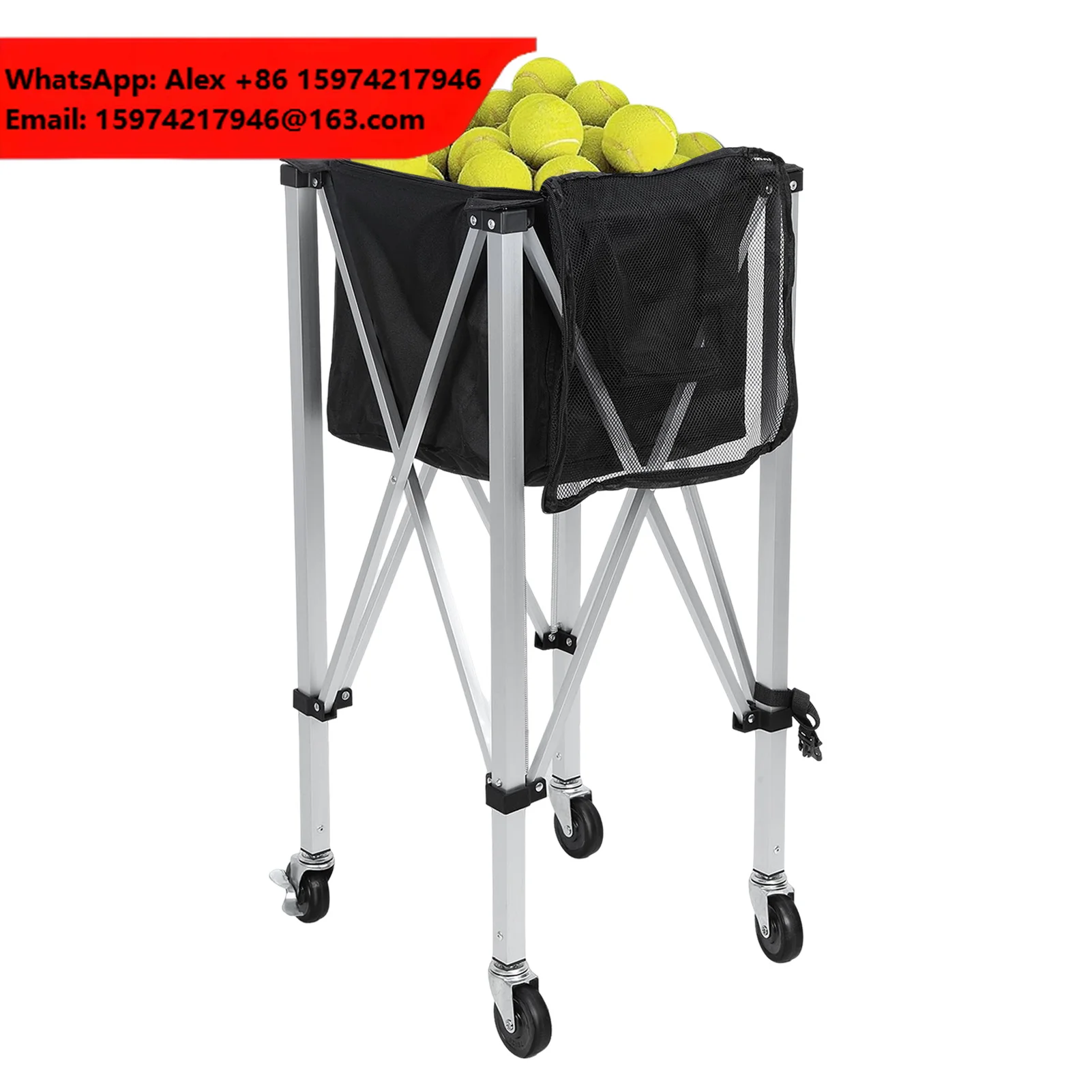 Foldable Tennis Ball Cart For Sports Teaching With Removable Bag Side Pockets Wheels Basket