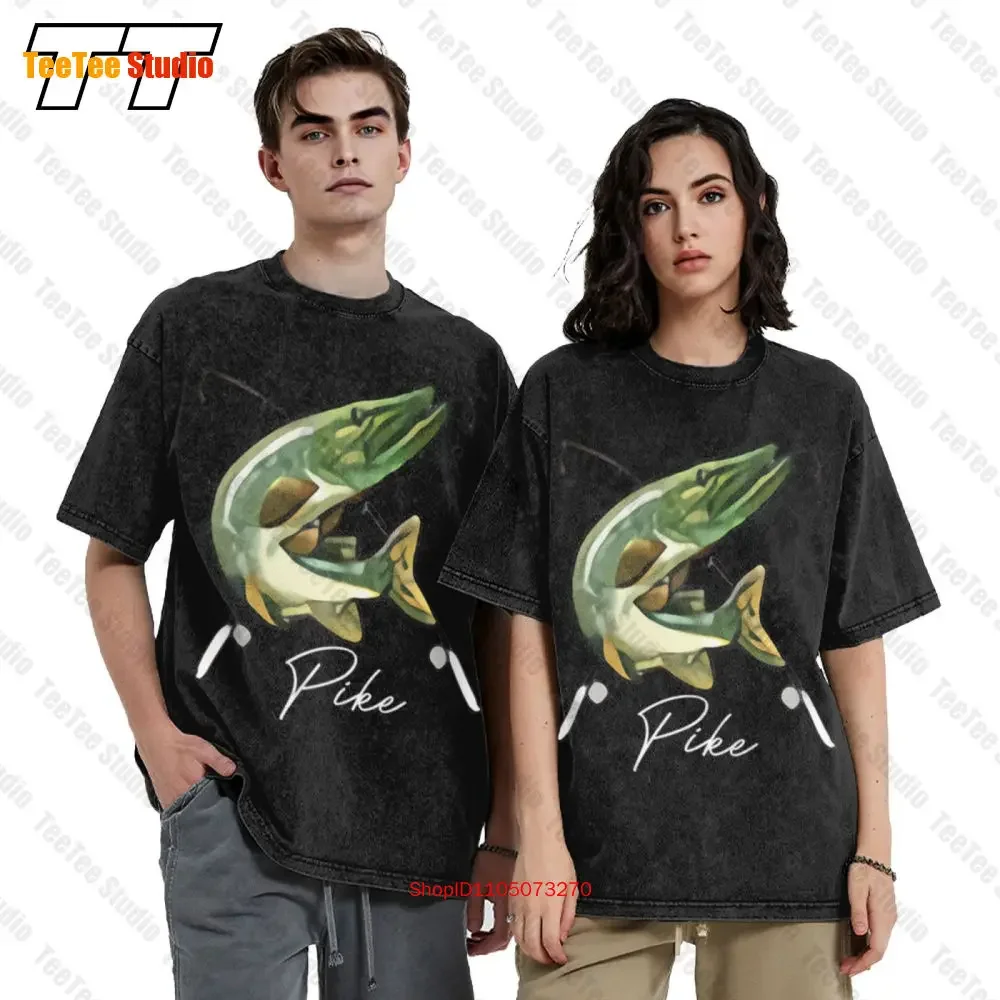 Fishing Fishermen Pike Jumping After Lure 2 Sides Vintage Oversized T-Shirt AWLO