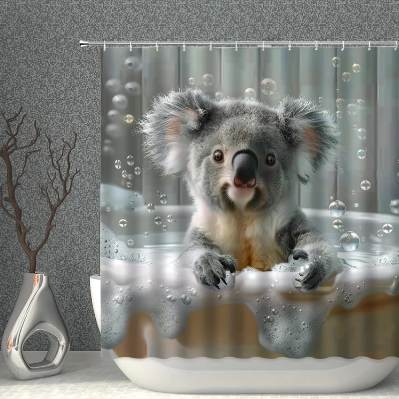 1pc Adorable Koala Shower Curtain, 179.83 X 179.83 Cm, Cute Animals Theme, Polyester Bathroom Decor With Hooks, Lazy Bear Bath P