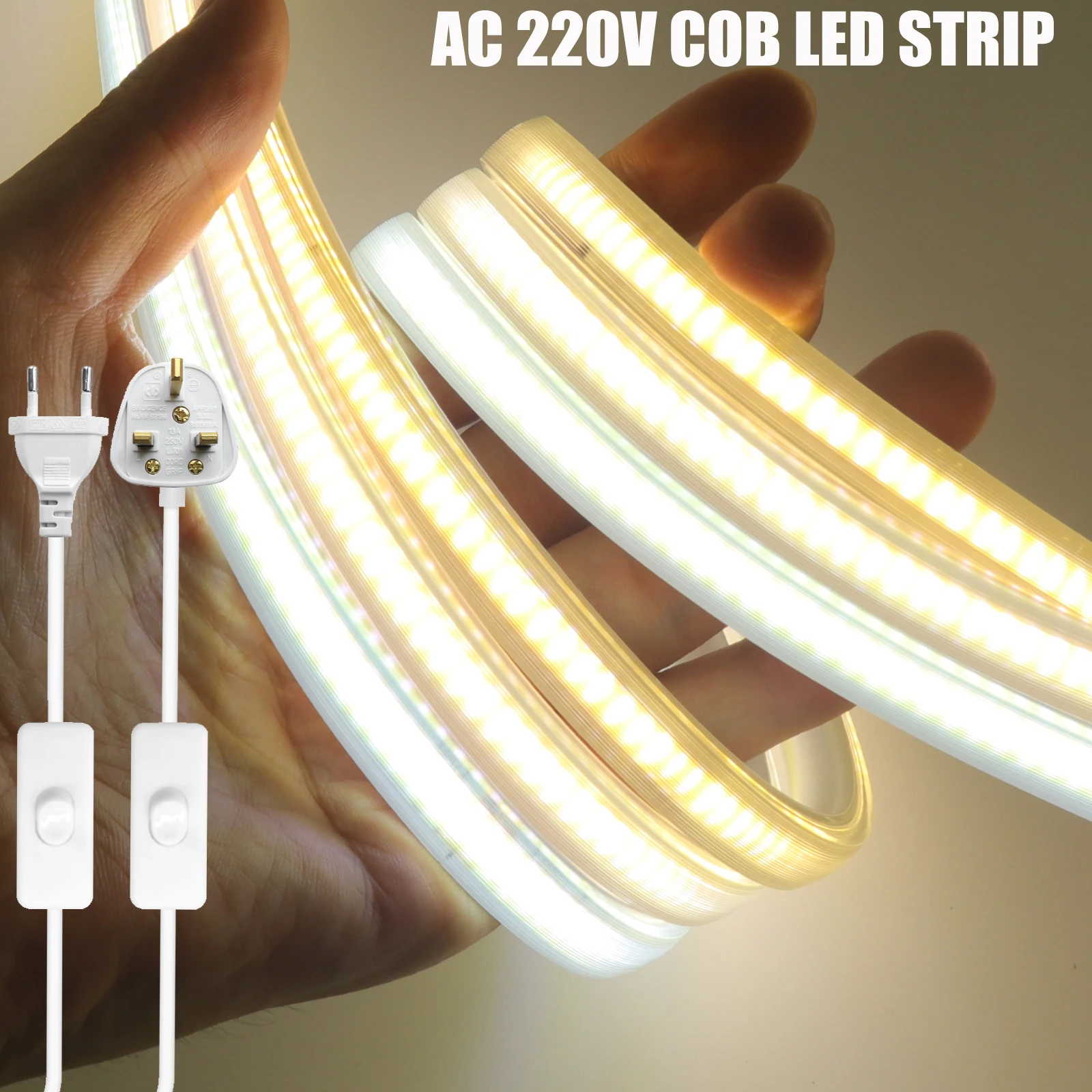 AC 220V COB LED Strip Light 288LEDs Flexible LED Tape Ribbon with ON OFF Switch Waterproof Outdoor Rope Light Stripe EU/UK Plug
