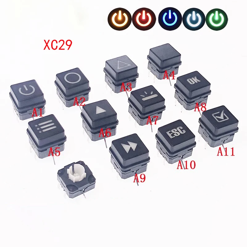 5PCS, black XC29, A1-A11, straight in button with light and cap, square cap, transparent light touch switch with light, 12X12MM