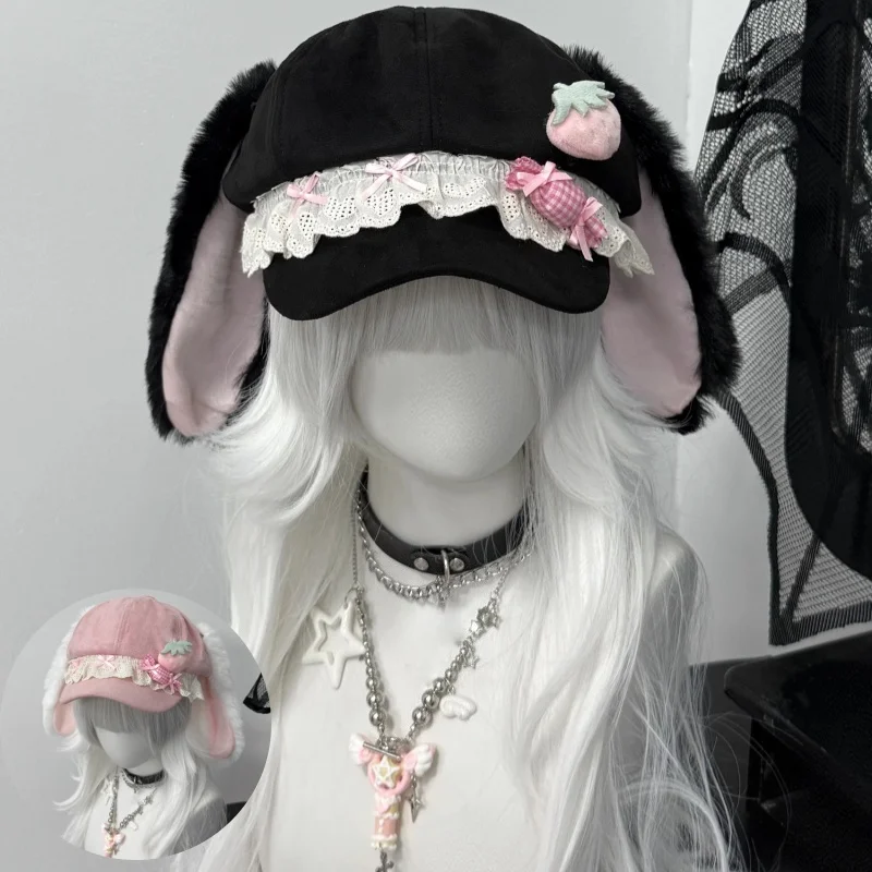 New Original Japanese Lolita Strawberry Soft Candy Hat Y2K Girl Subculture Lace Bow Beret Women Adorable Octagon Hat