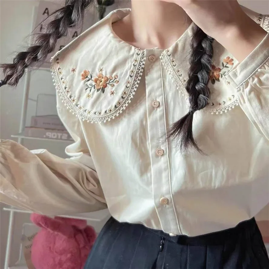 

2025 Peter Pan Collar Shirts Women Cute Korean Style Vintage Students Pure Girls Female Fashion Tops New Arrival Autumn
