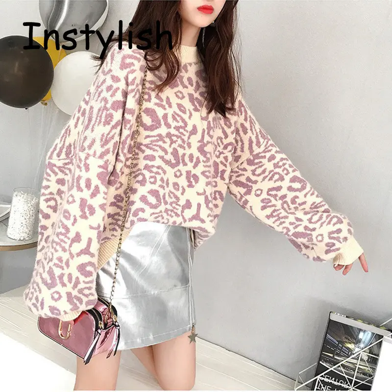 Zimowy gruby ciepły golf sweter kobiet wzór w cętki luźny sweter Vintage Harajuku dzianinowy Top Streetwear sweter typu Oversized