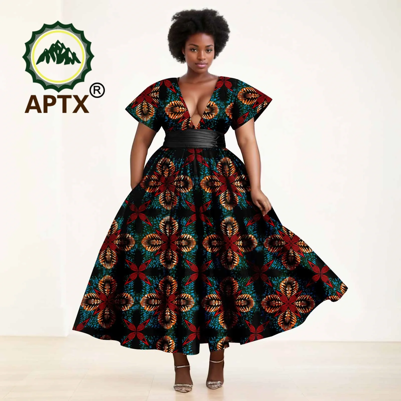 여성용 아프리카 드레스 앙카라 프린트 반팔 V넥, 벨트와 발목 원피스, 캐주얼 파티 웨딩 드레스