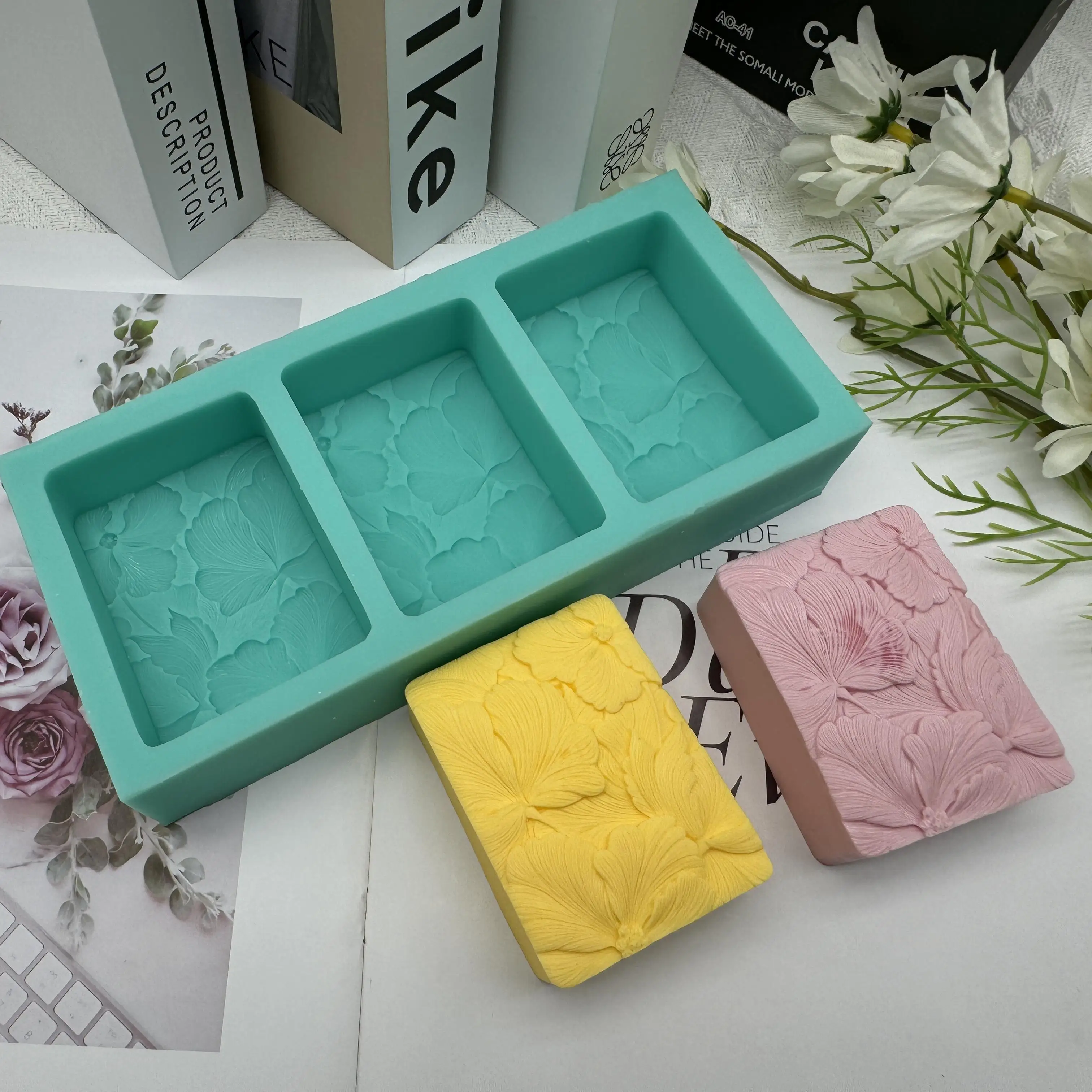 3Cavity Newest Beautiful Flower DIY Soap Mold Handmade Flower Rectangle Soap Making Mold Silicone Floral Molds for Cake Crafts