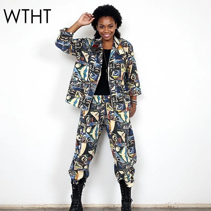 

WTHT Trendy Women's Suits Irregular Contrast Color Print Denim Jacket Elastic Waist Loose Harem Jeans Female 2025 Autumn 1LS2321