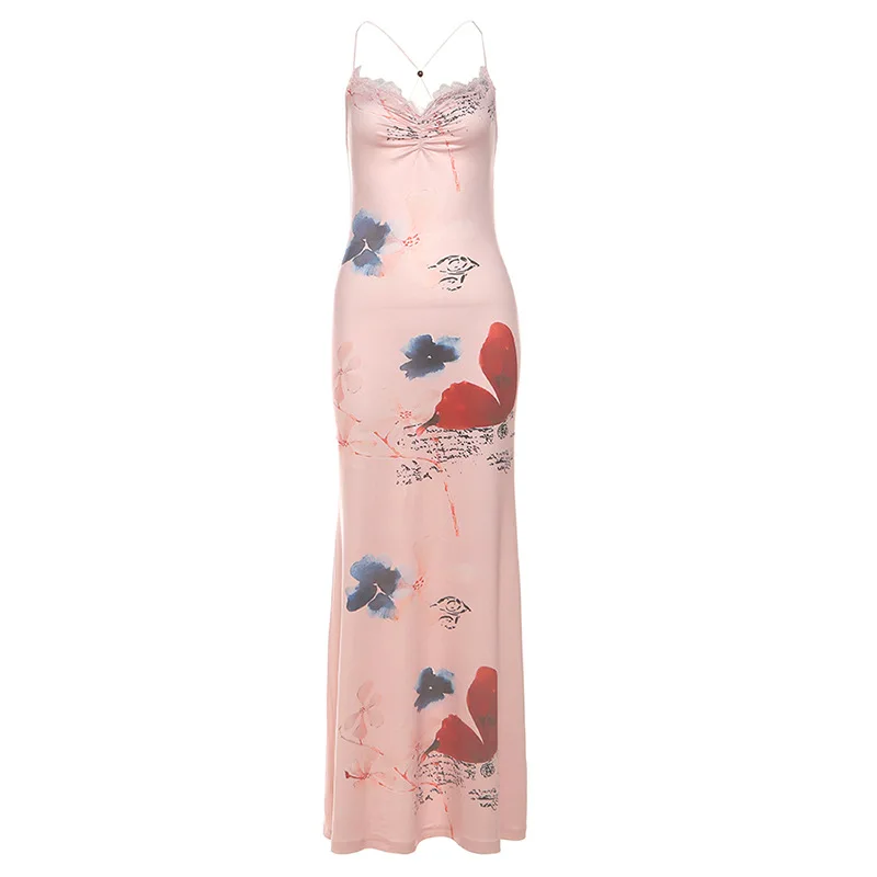 Motyl Backless Sexy Halter Print Party Club Bodycon Maxi Dress Stroje dla kobiet Letnie długie sukienki bez rękawów z dekoltem V