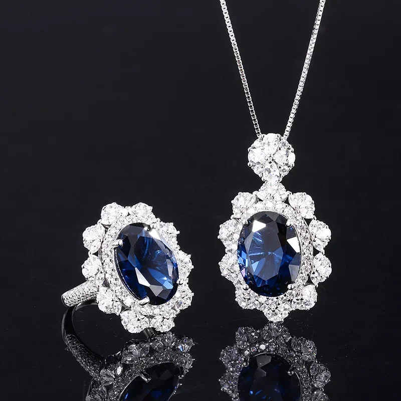 Jewelry S925 silver-plated PT950 inlaid Tanzanite sapphire pendant ring set large denier main stone 12 * 16 jewelry