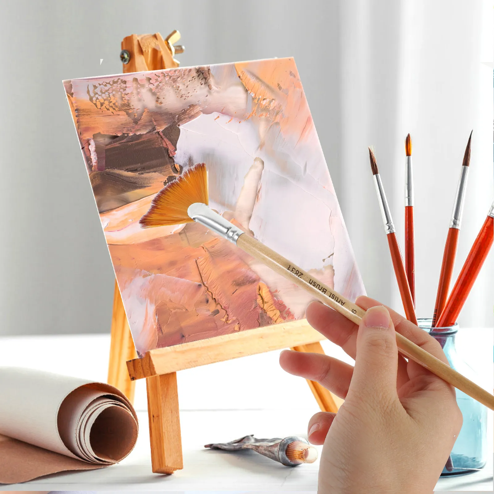 5Pcs Wood Handle Nylon Paint Brushes Wear-Resistant Multi-Function for Stenciling Watercolor Acrylic Painting Portable