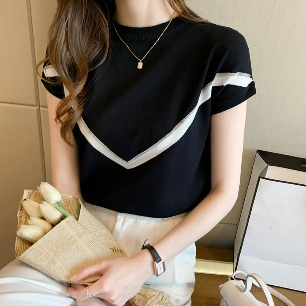 

Women's Short-Sleeved Pullover Ice Silk Knitwear Fashionable Versatile Thin Breathable Loose Slimming Summer Top for Bottoming