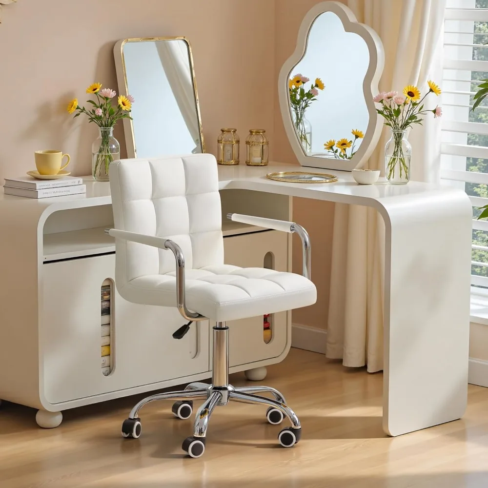 

Mid-Back Office Task Chair Ribbed PU Leather Executive Chair Modern Adjustable Home Desk Retro Comfortable Work Chair 360 Degre