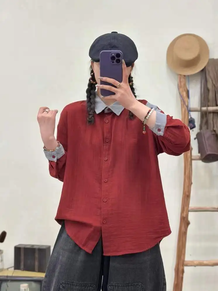 

High Quality Women 100% Cotton Yarn Blouse Shirt Autumn New Red Spliced Solid Color Lapal Collar OL Casaul Cozy Shirts Blouses