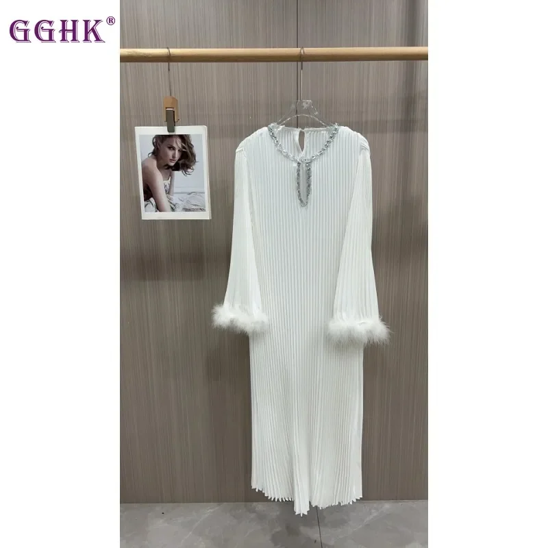 Gghk plissado feminino elegante vestido cor sólida com decote em v manga longa solto tamanho grande casual vestidos de festa à noite 2025 primavera novo