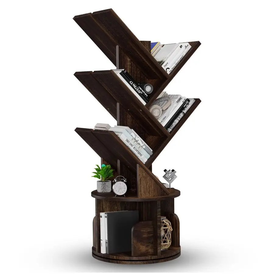 

Книжная полка в виде дерева, 5-уровневый узкий книжный шкаф, экономящий место, уникальная вращающаяся башня на 360 градусов, деревянная угловая книжная полка премиум-класса для детей или офисов