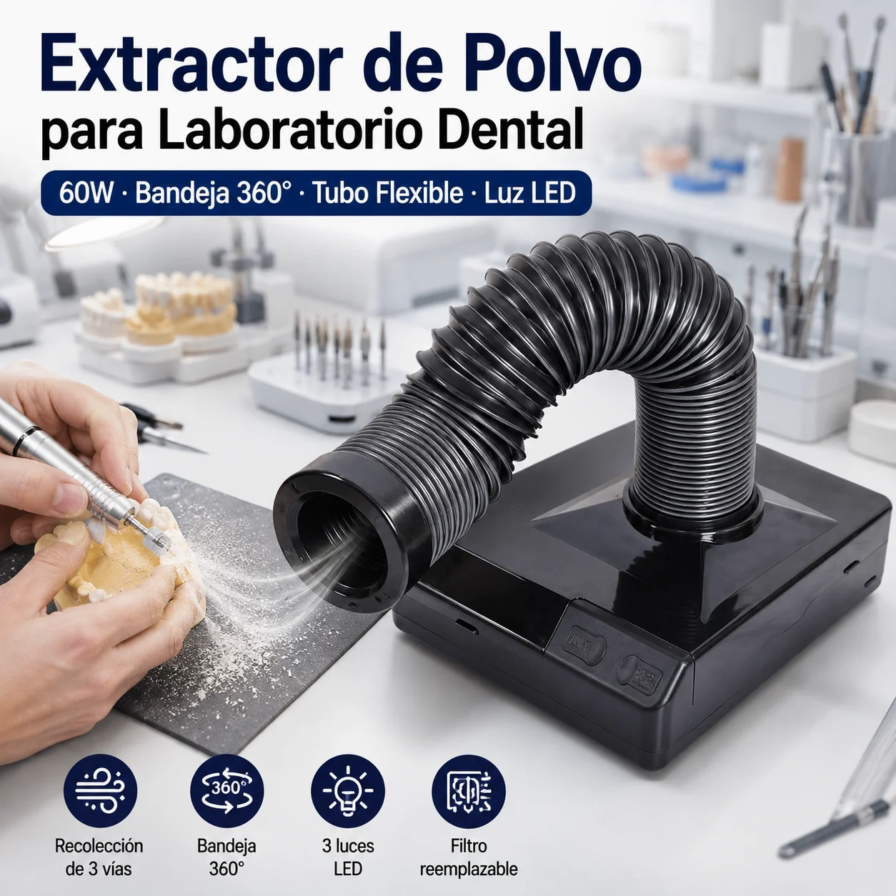 60W Aspirador para laboratorio dental Aspirador de sobremesa Extractor de polvo para laboratorio dental Aspirador para pulido