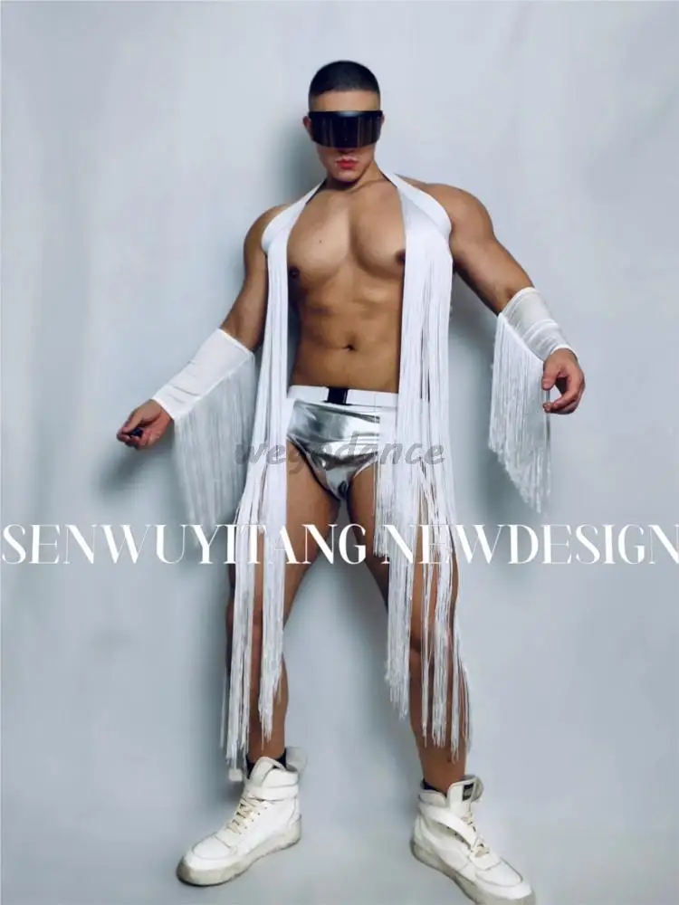 

Nightclub Performance Bar Dj Men Ds Gogo Stage Sexy Group White Atmospheric Tassel Vest Set